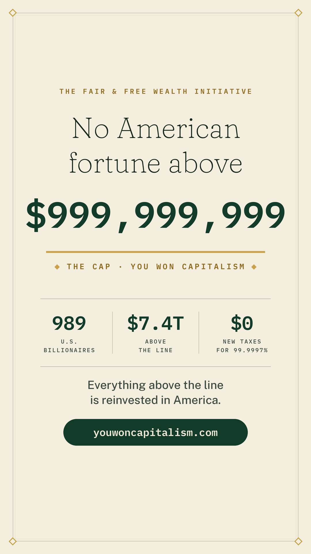 Story card: No American fortune above $999,999,999. The cap: you won capitalism.